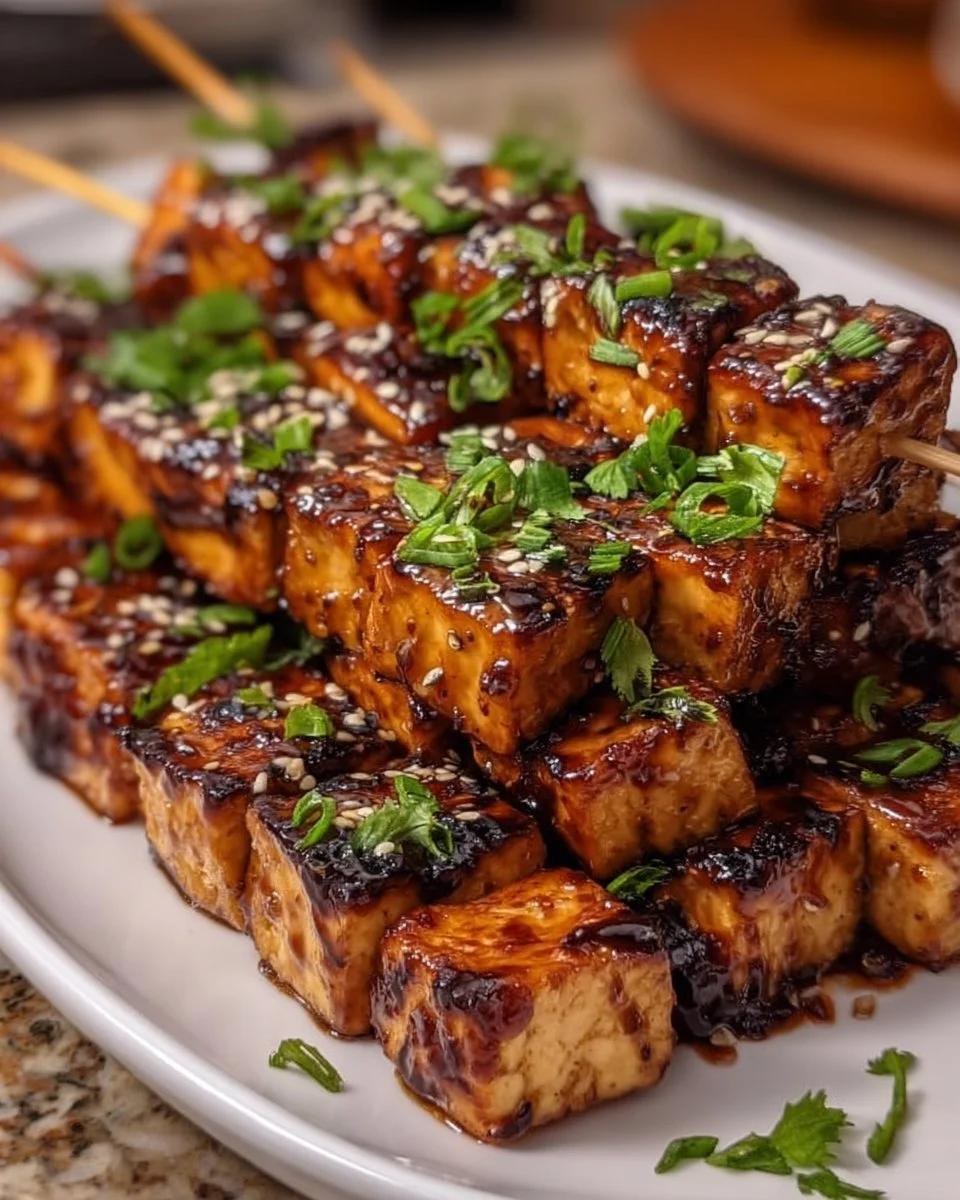 Gegrilltes oder gebratenes Tofu mit Knoblauch-Soja-Glasur