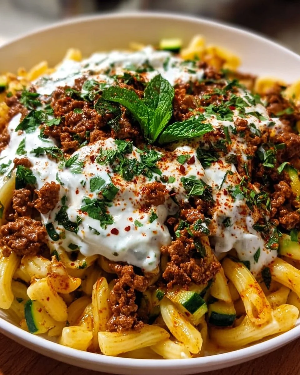 Türkische Pasta mit Hackfleisch und Joghurt-Sauce