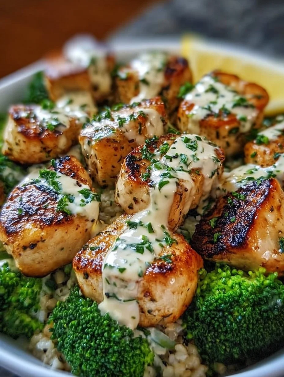 Hähnchen-Brokkoli-Bowl mit Knoblauch-Dressing