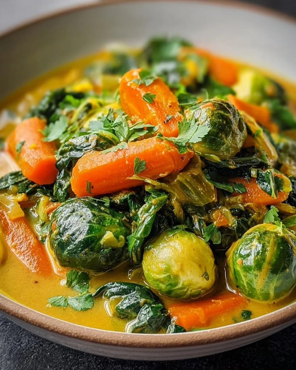 Rosenkohl-Curry mit Spinat, Möhren und Lauch