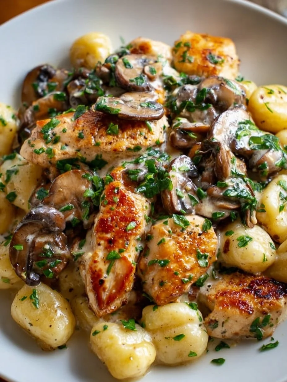 Cremige Hähnchen-Gnocchi-Pfanne mit Pilzen