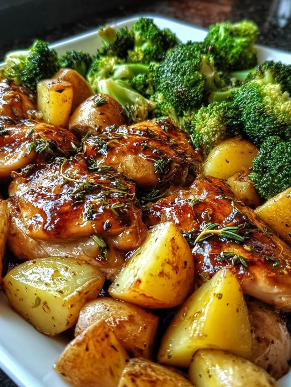 Honig-Knoblauch-Hähnchen mit Brokkoli und Kartoffeln aus dem Ofen