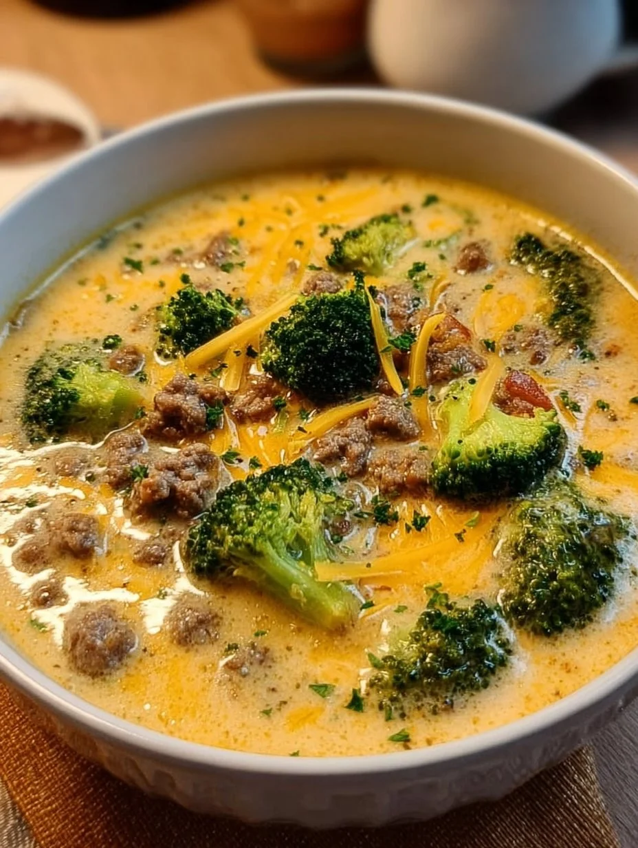 Kalorienarme Brokkoli-Käse-Suppe mit Hackfleisch