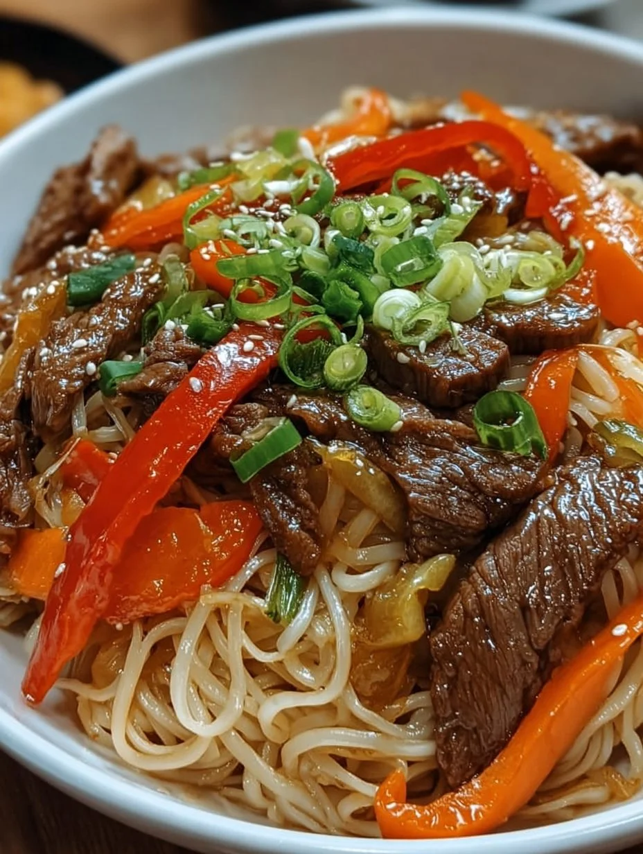 Reisnudeln mit Rindfleisch, Sojasauce und Gemüse