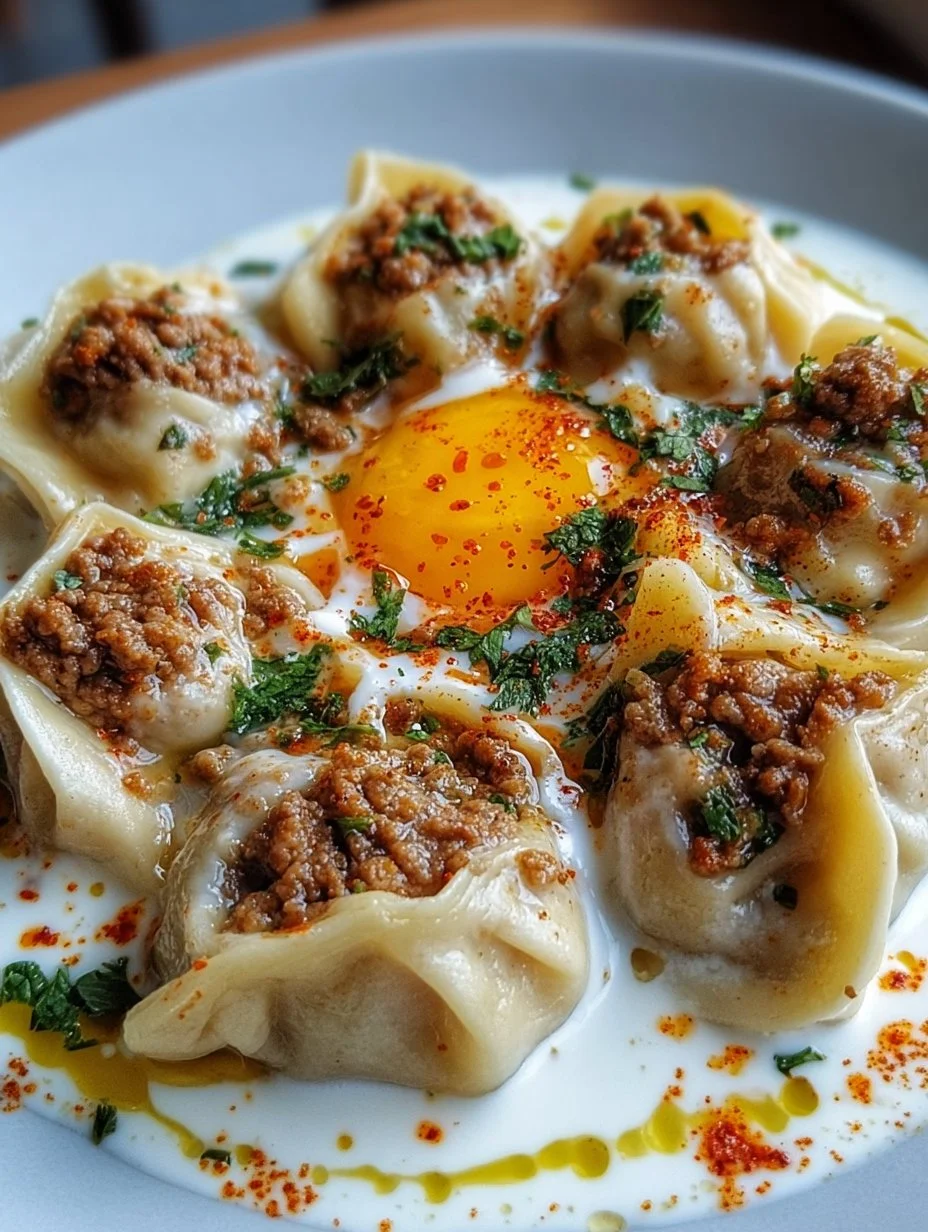 Türkische Manti mit Hackfleischfüllung und Joghurtsoße