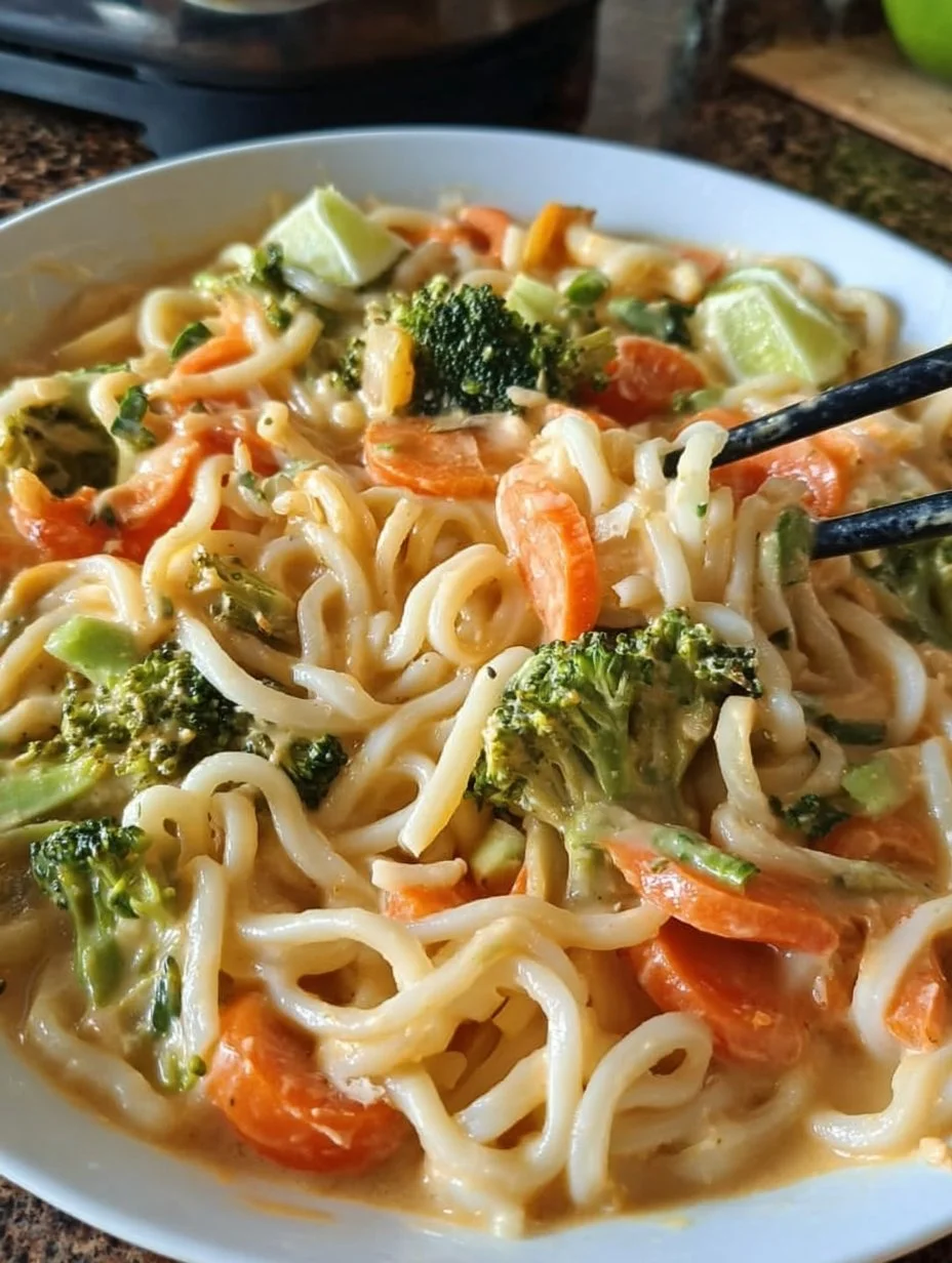 Udon-Nudeln mit Erdnusssauce und Gemüse