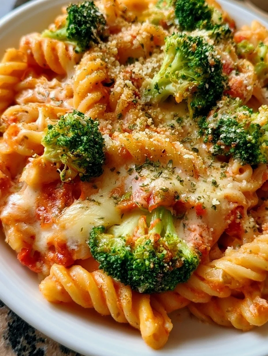 Broccoli noodle casserole with tomato cheese sauce