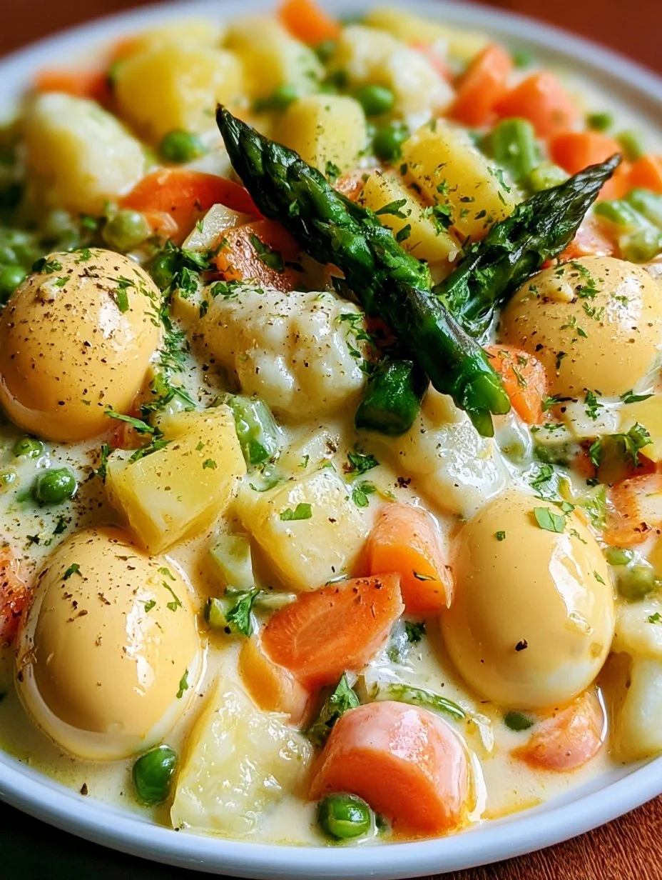Eierfrikassee mit Kartoffeln und Gemüse