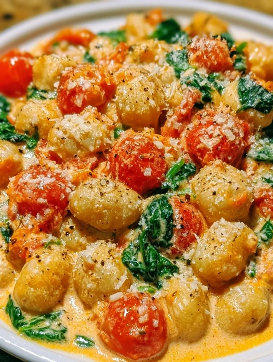 Cremige Gnocchi-Pfanne mit Tomate und Spinat