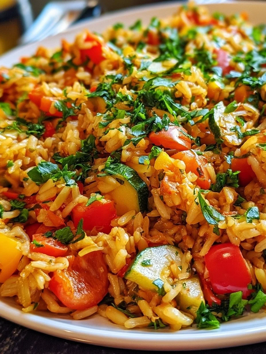Vegetarische Paprika-Reis-Pfanne mit Zucchini & Kräutern
